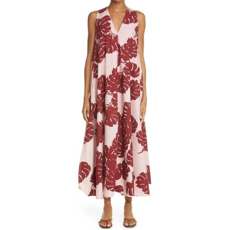 Ladouble J Selva Sleeveless Cotton Tent Dress Pink Red Monstera Tropical Leaf S